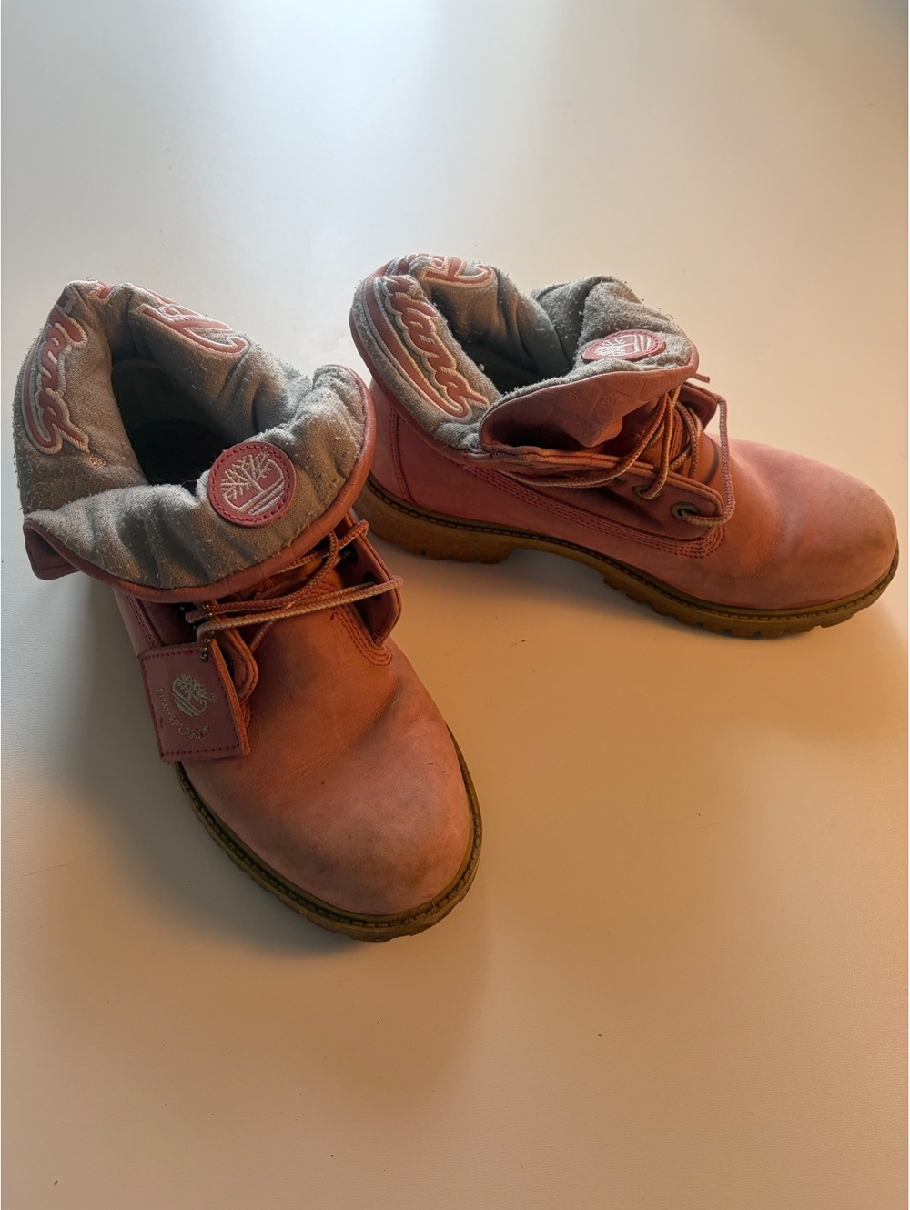 Timberland Pink Leather and Heather Gray Collar Boots US 5